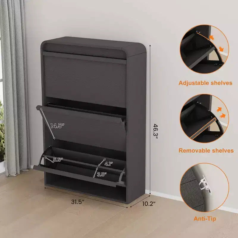 3 Flip Drawer Shoe Cabinet with Adjustable Shelves, Slim Shoe Organizer for Entryway