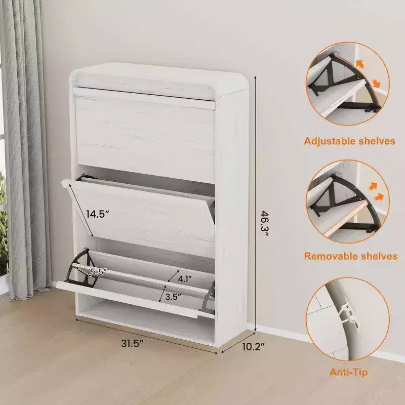 3 Flip Drawer Shoe Cabinet with Adjustable Shelves, Slim Shoe Organizer for Entryway