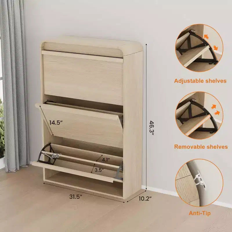 3 Flip Drawer Shoe Cabinet with Adjustable Shelves, Slim Shoe Organizer for Entryway