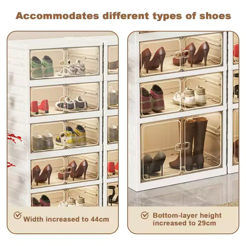 Clear Stackable Shoe Storage Box with Magnetic Door, Foldable Plastic Shoe Organiser, No Installation Needed for Trainer Storage