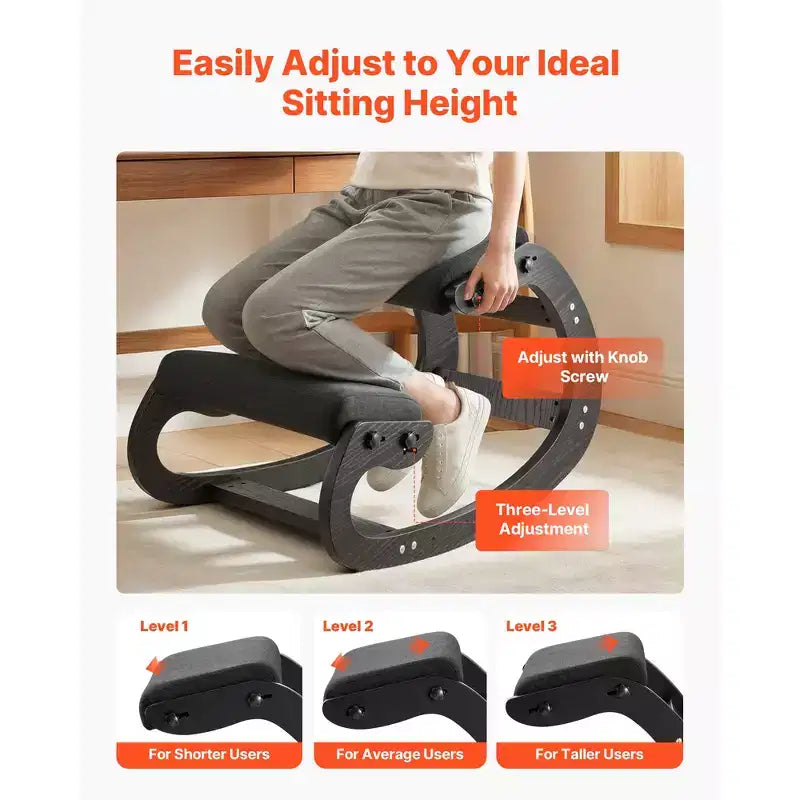 VEVOR Ergonomic Kneeling Chair, Wooden Posture Knee Chair with Adjustable Thick Foam Cushions & Solid Wood Frame, Adjustable Height, Black