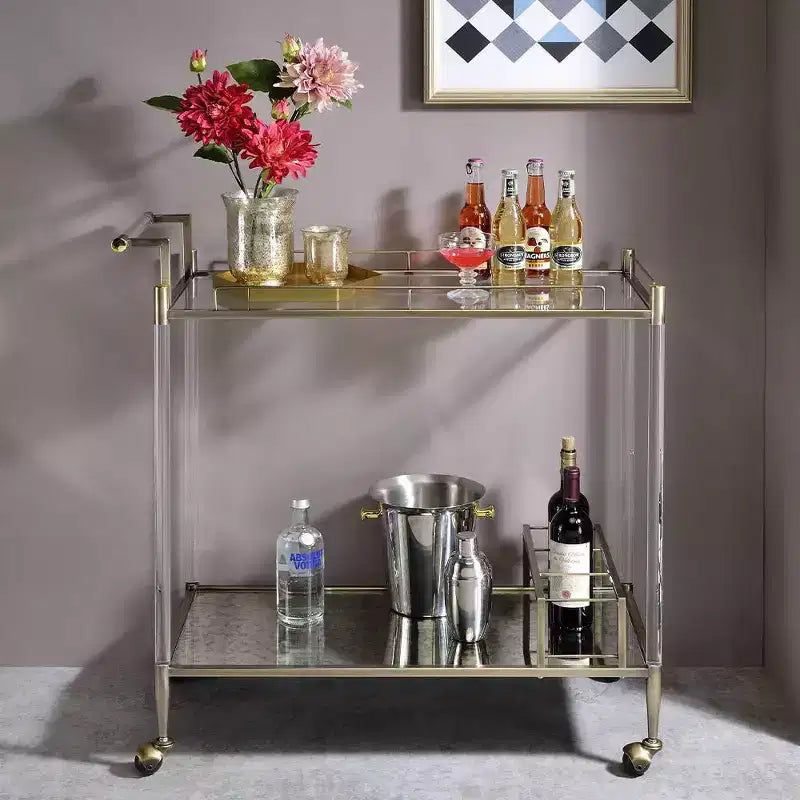 Bar Serving Cart, Antique Mirror & Wire Brass Finish