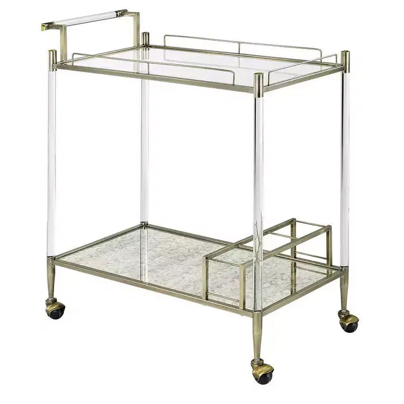 Bar Serving Cart, Antique Mirror & Wire Brass Finish