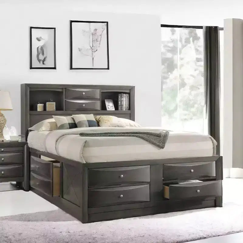 91" Queen Bed with Storage, Gray Oak Finish