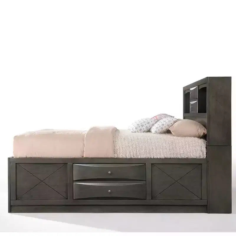91" Queen Bed with Storage, Gray Oak Finish
