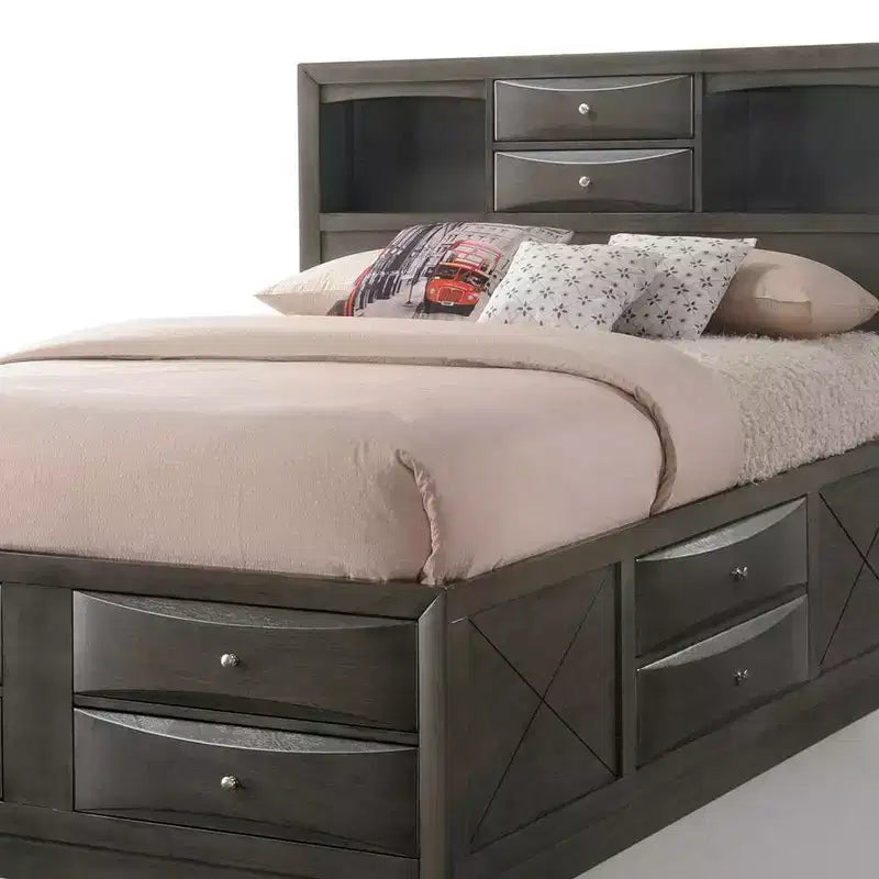 91" Queen Bed with Storage, Gray Oak Finish