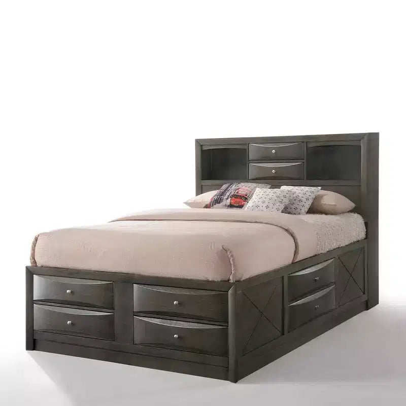 91" Queen Bed with Storage, Gray Oak Finish