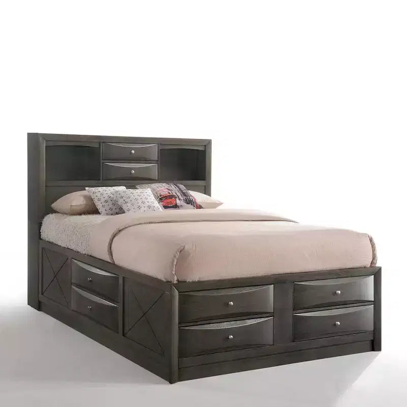 91" Queen Bed with Storage, Gray Oak Finish