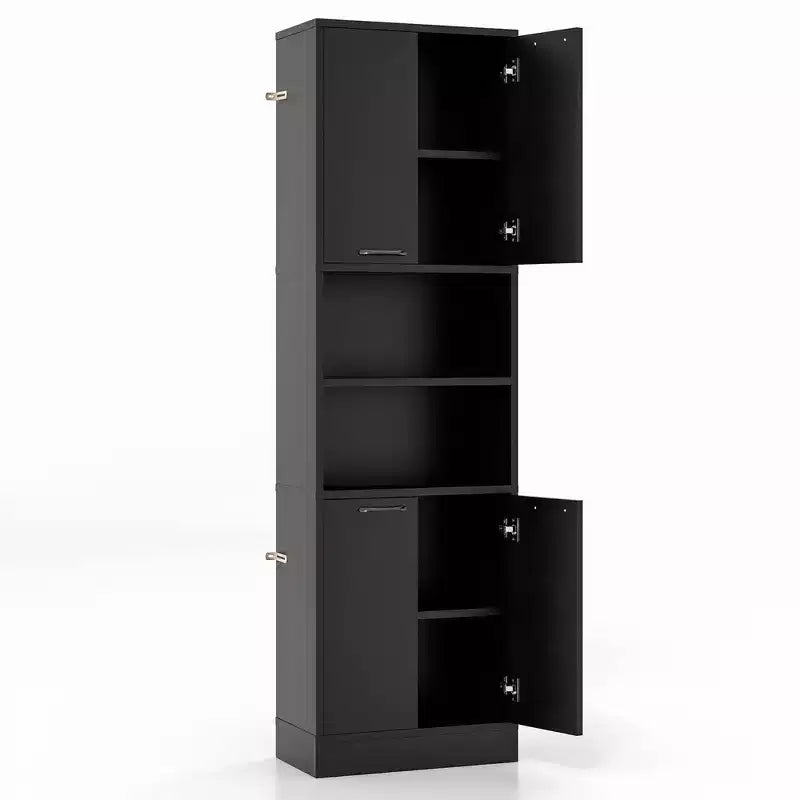 75" Tall Bathroom Storage Cabinet with 4 Doors & 2 Open Compartments, Freestanding, Black/White