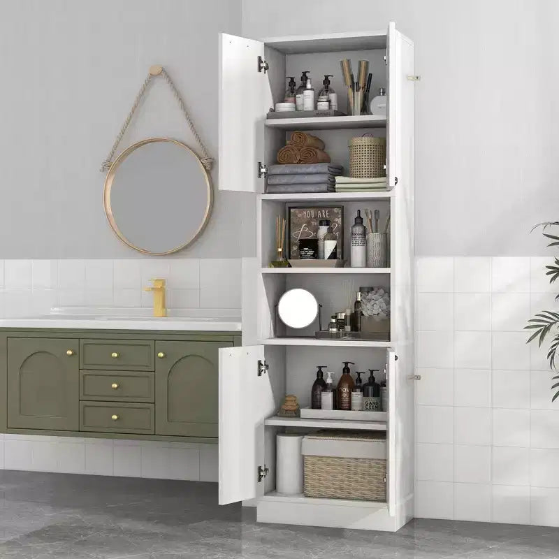 75" Tall Bathroom Storage Cabinet with 4 Doors & 2 Open Compartments, Freestanding, Black/White