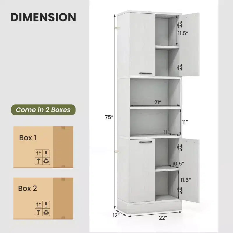 75" Tall Bathroom Storage Cabinet with 4 Doors & 2 Open Compartments, Freestanding, Black/White