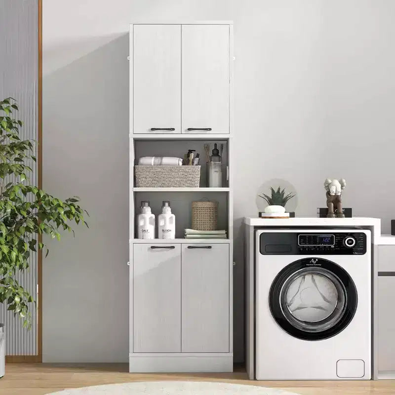 75" Tall Bathroom Storage Cabinet with 4 Doors & 2 Open Compartments, Freestanding, Black/White