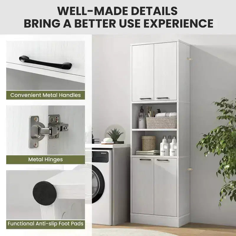75" Tall Bathroom Storage Cabinet with 4 Doors & 2 Open Compartments, Freestanding, Black/White