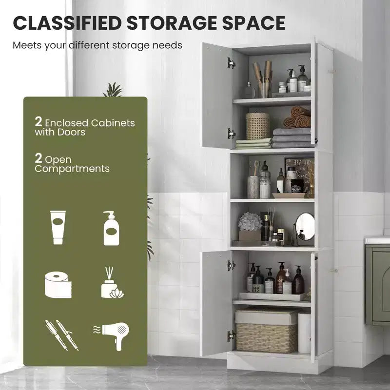 75" Tall Bathroom Storage Cabinet with 4 Doors & 2 Open Compartments, Freestanding, Black/White