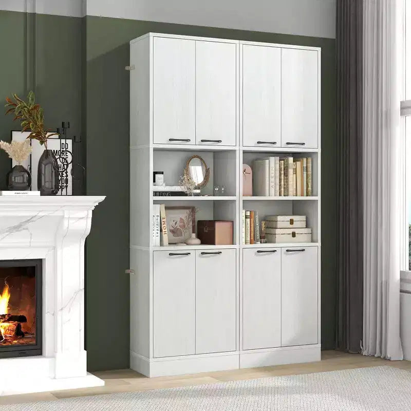 75" Tall Bathroom Storage Cabinet with 4 Doors & 2 Open Compartments, Freestanding, Black/White
