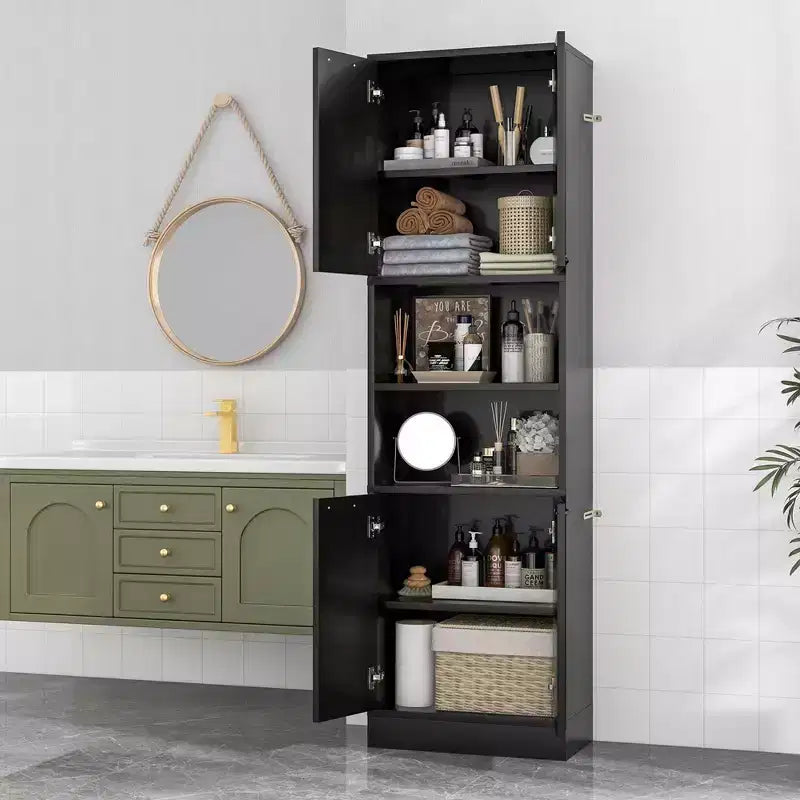 75" Tall Bathroom Storage Cabinet with 4 Doors & 2 Open Compartments, Freestanding, Black/White