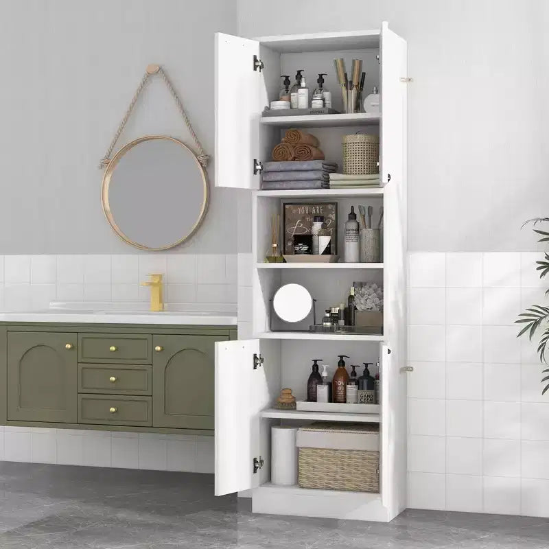 75" Tall Bathroom Storage Cabinet with 4 Doors & 2 Open Compartments, Freestanding, Black/White