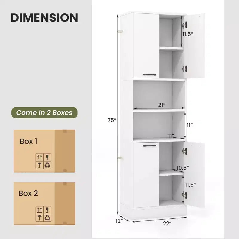 75" Tall Bathroom Storage Cabinet with 4 Doors & 2 Open Compartments, Freestanding, Black/White