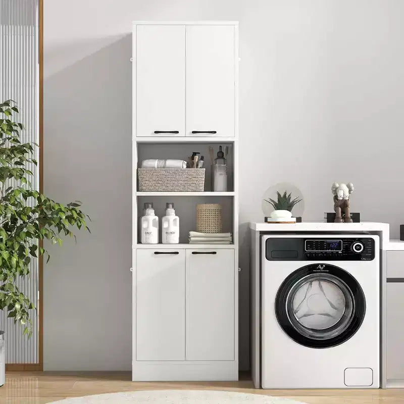 75" Tall Bathroom Storage Cabinet with 4 Doors & 2 Open Compartments, Freestanding, Black/White