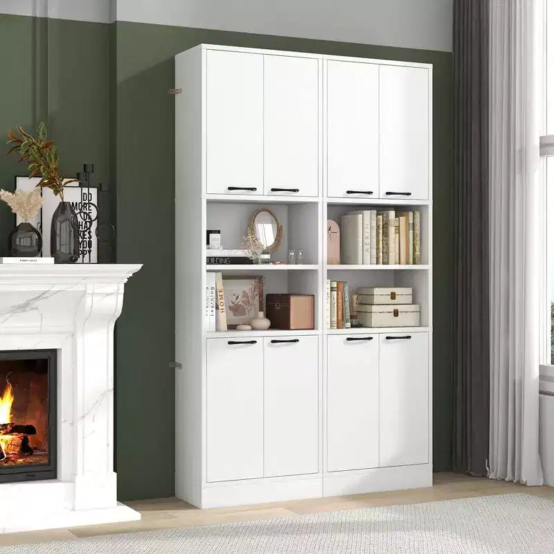 75" Tall Bathroom Storage Cabinet with 4 Doors & 2 Open Compartments, Freestanding, Black/White