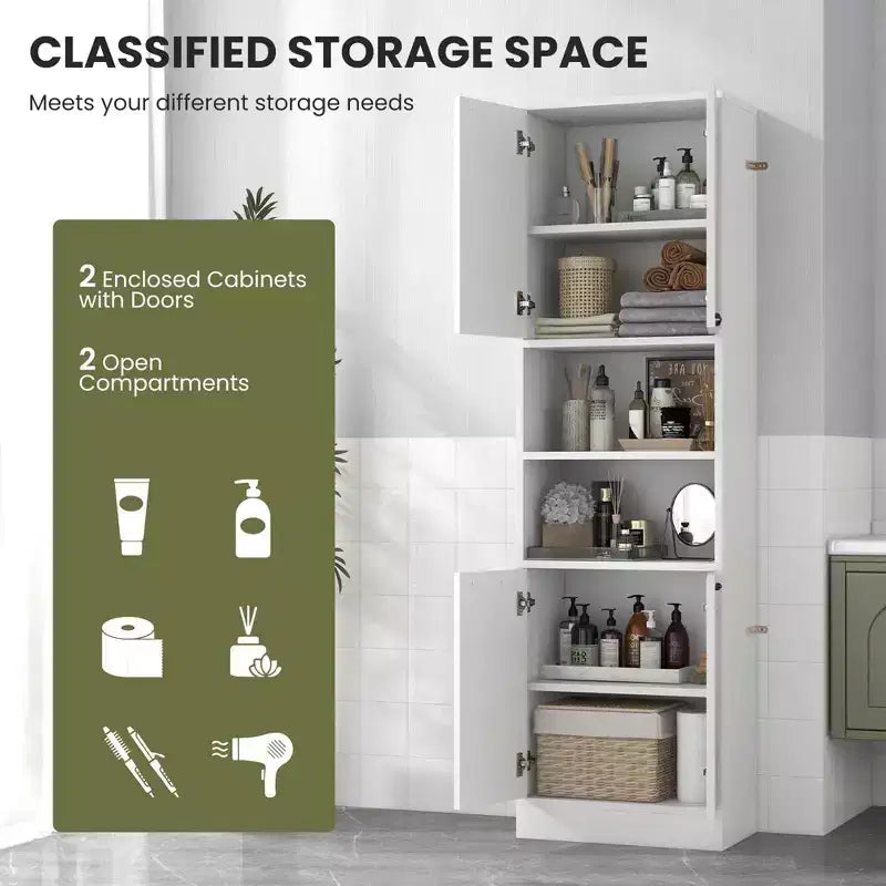 75" Tall Bathroom Storage Cabinet with 4 Doors & 2 Open Compartments, Freestanding, Black/White
