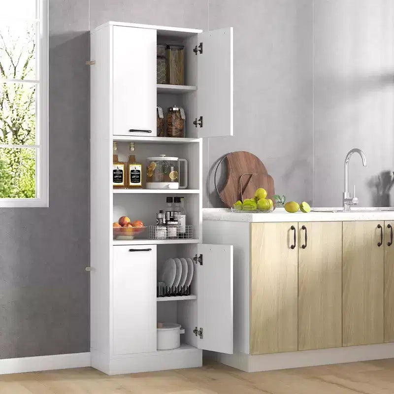 75" Tall Bathroom Storage Cabinet with 4 Doors & 2 Open Compartments, Freestanding, Black/White