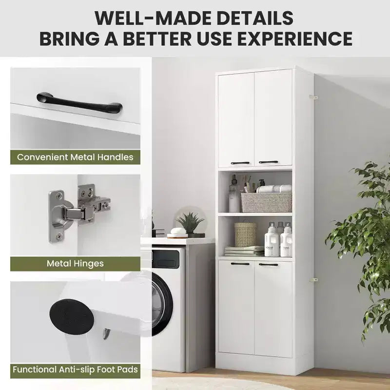 75" Tall Bathroom Storage Cabinet with 4 Doors & 2 Open Compartments, Freestanding, Black/White