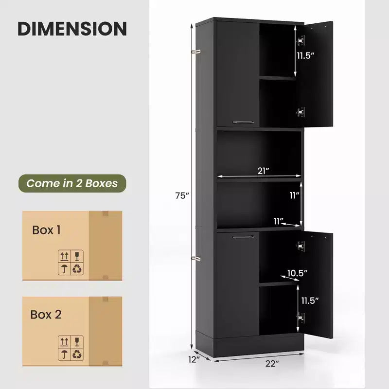 75" Tall Bathroom Storage Cabinet with 4 Doors & 2 Open Compartments, Freestanding, Black/White