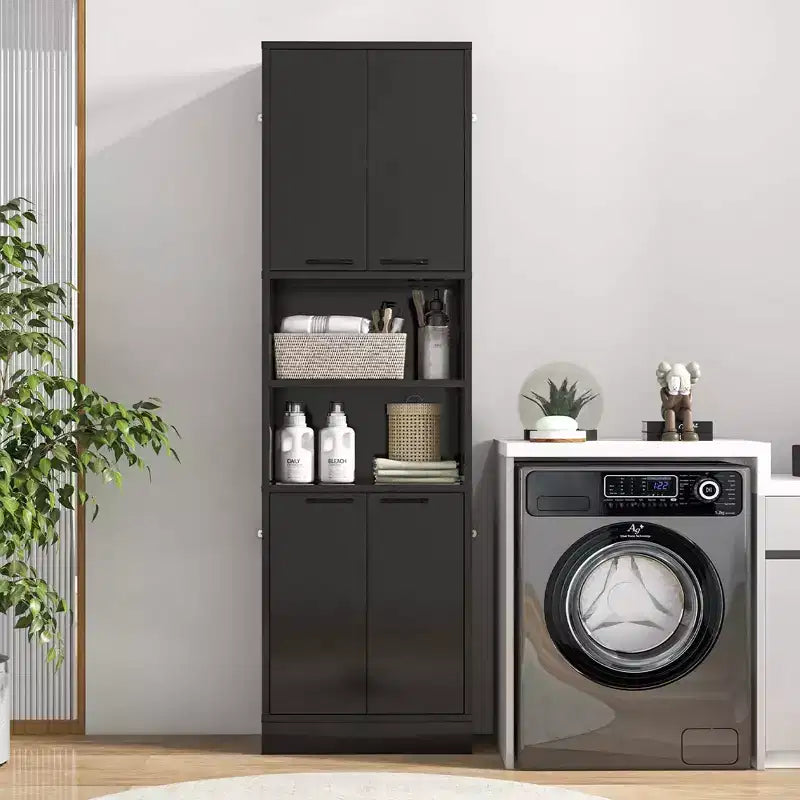 75" Tall Bathroom Storage Cabinet with 4 Doors & 2 Open Compartments, Freestanding, Black/White