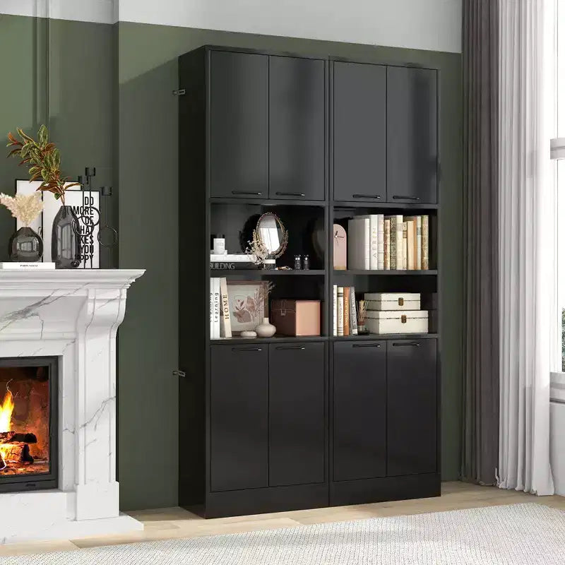 75" Tall Bathroom Storage Cabinet with 4 Doors & 2 Open Compartments, Freestanding, Black/White