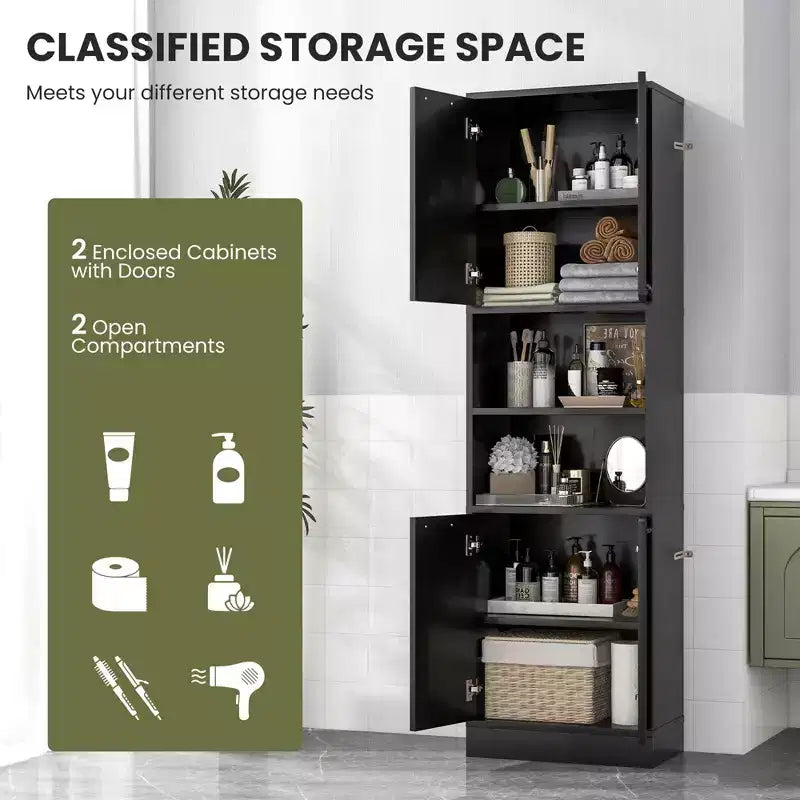 75" Tall Bathroom Storage Cabinet with 4 Doors & 2 Open Compartments, Freestanding, Black/White