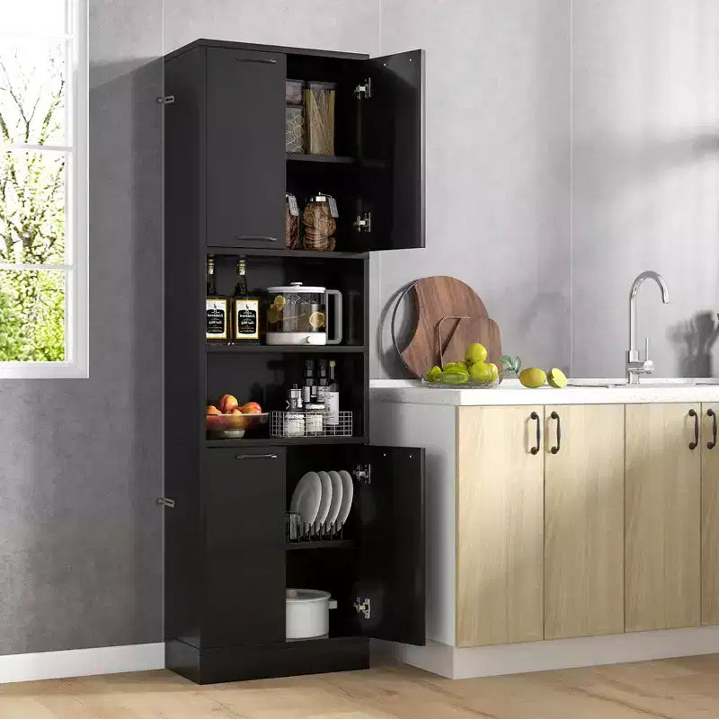 75" Tall Bathroom Storage Cabinet with 4 Doors & 2 Open Compartments, Freestanding, Black/White
