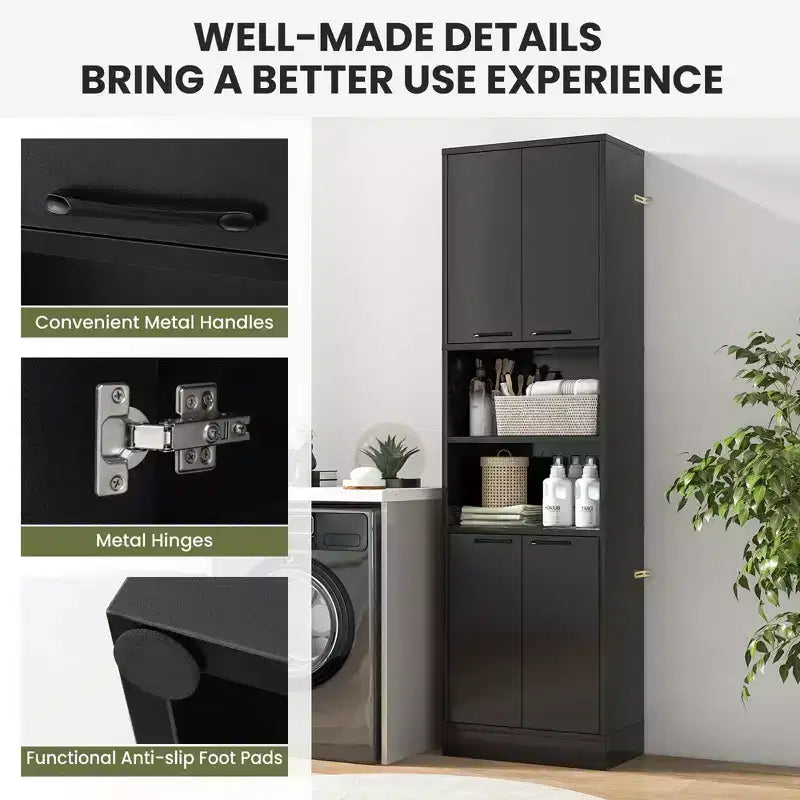 75" Tall Bathroom Storage Cabinet with 4 Doors & 2 Open Compartments, Freestanding, Black/White
