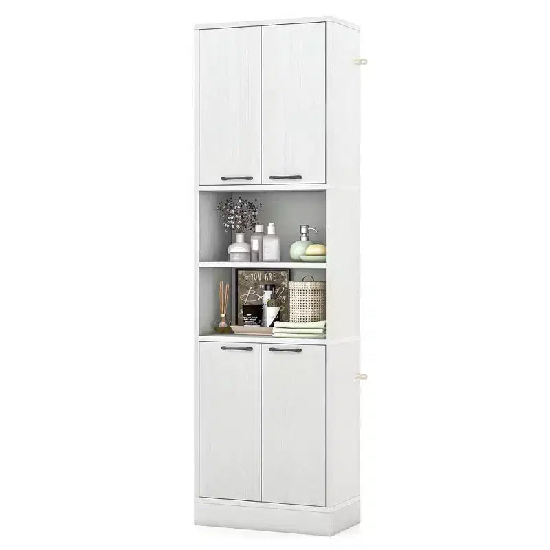 75" Tall Bathroom Storage Cabinet with 4 Doors & 2 Open Compartments, Freestanding, Black/White