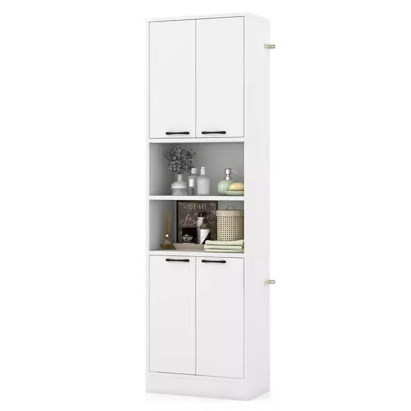 75" Tall Bathroom Storage Cabinet with 4 Doors & 2 Open Compartments, Freestanding, Black/White