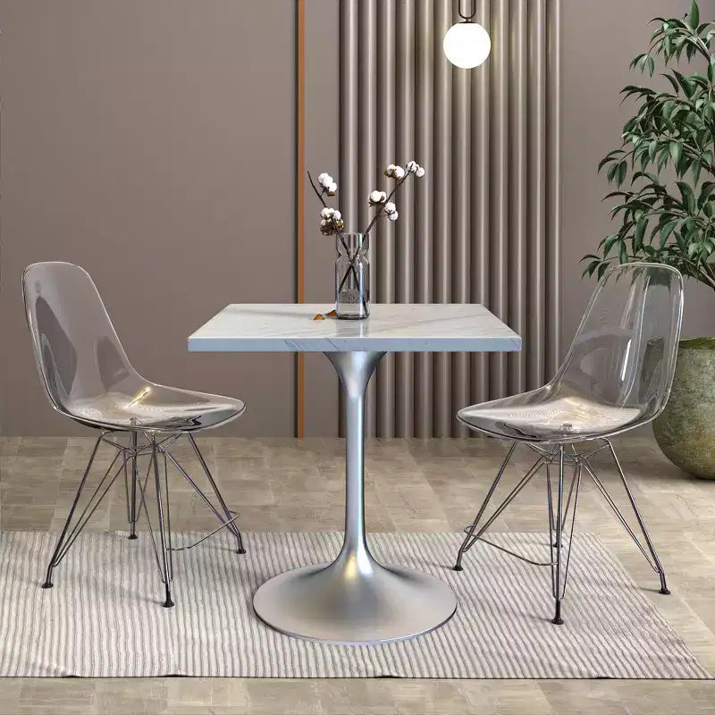 Table à manger carrée de 27", plateau moderne en résine avec pied piédestal en chrome brossé