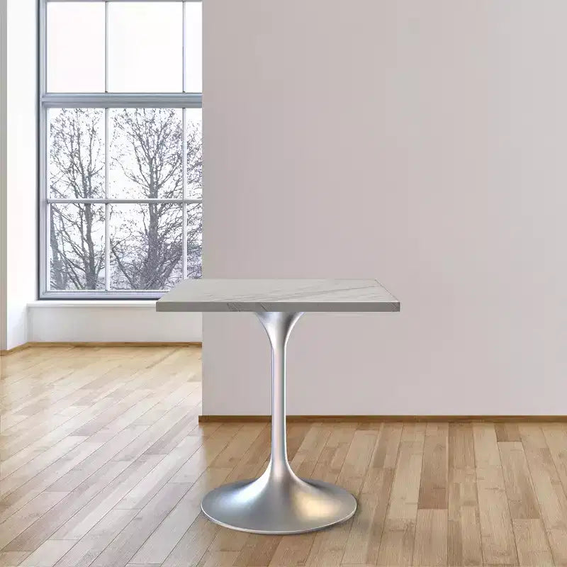 Table à manger carrée de 27", plateau moderne en résine avec pied piédestal en chrome brossé