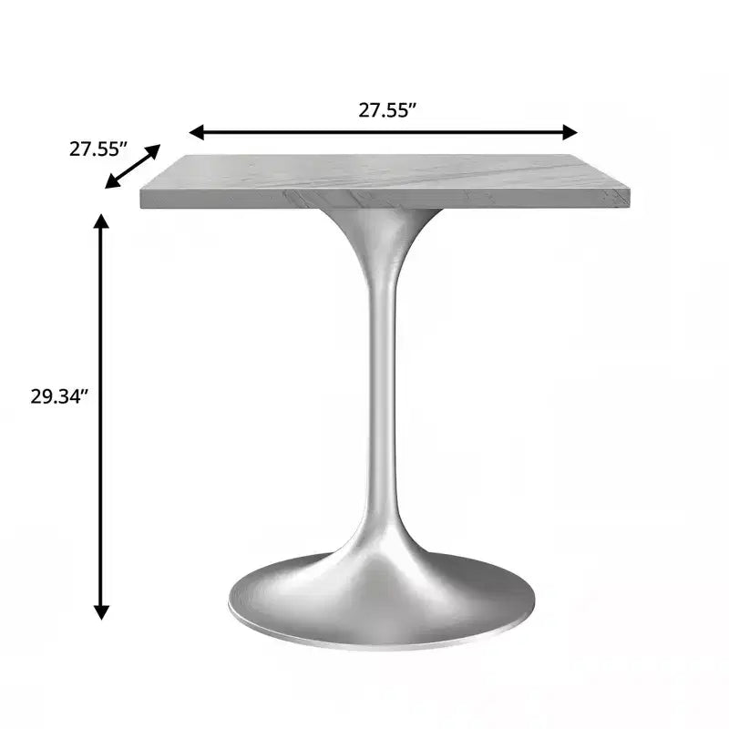 Table à manger carrée de 27", plateau moderne en résine avec pied piédestal en chrome brossé