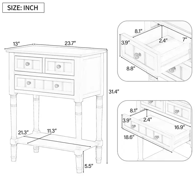 Narrow Console Table with Three Storage Drawers and Bottom Shelf