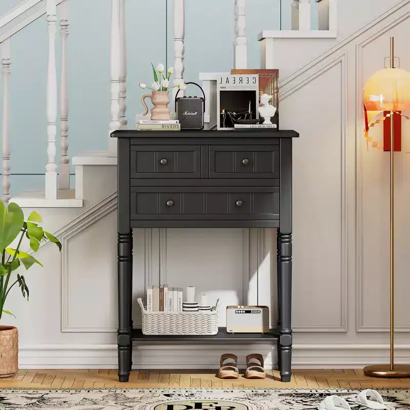 Narrow Console Table with Three Storage Drawers and Bottom Shelf
