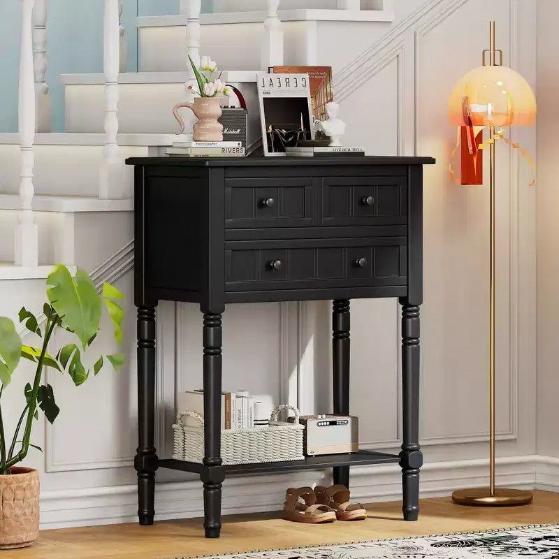 Narrow Console Table with Three Storage Drawers and Bottom Shelf