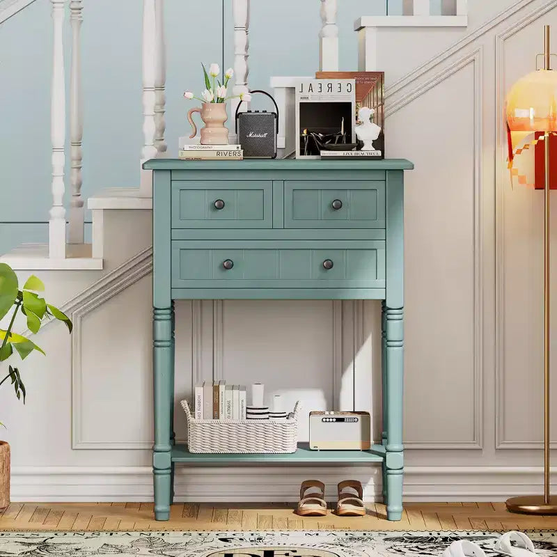 Narrow Console Table with Three Storage Drawers and Bottom Shelf