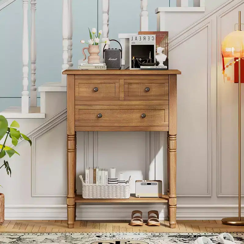Narrow Console Table with Three Storage Drawers and Bottom Shelf