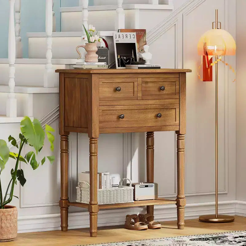 Narrow Console Table with Three Storage Drawers and Bottom Shelf