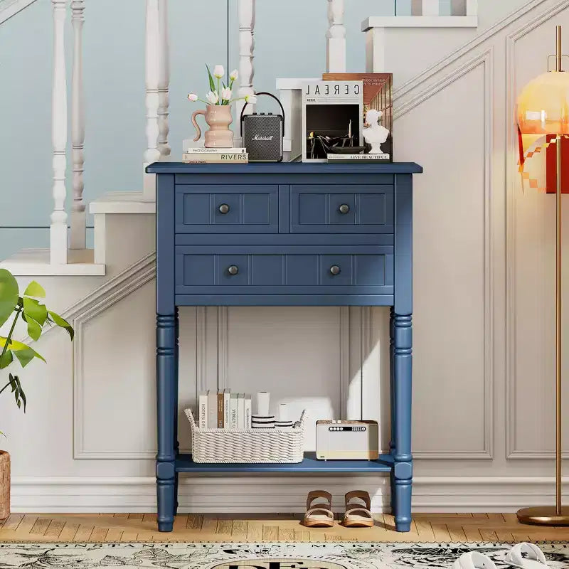 Narrow Console Table with Three Storage Drawers and Bottom Shelf