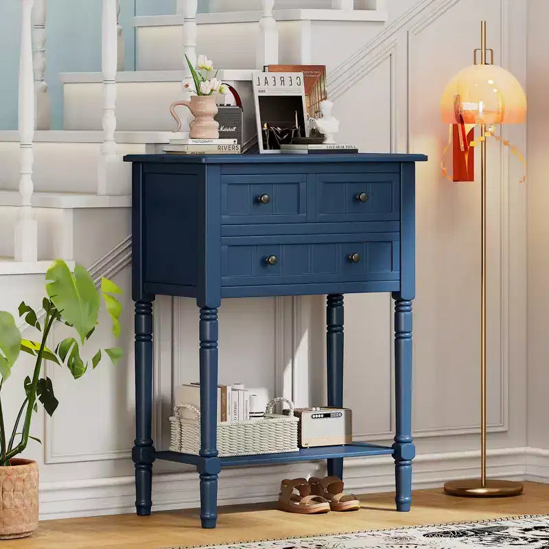 Narrow Console Table with Three Storage Drawers and Bottom Shelf