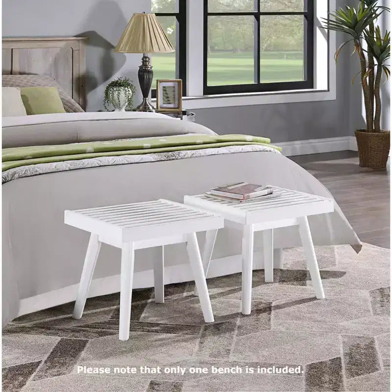 Solid Wood Slatted Bench, 19-Inch, White