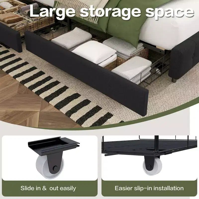 Queen Storage Bed Frame with 4 Drawers & Headboard, Upholstered Platform Bed