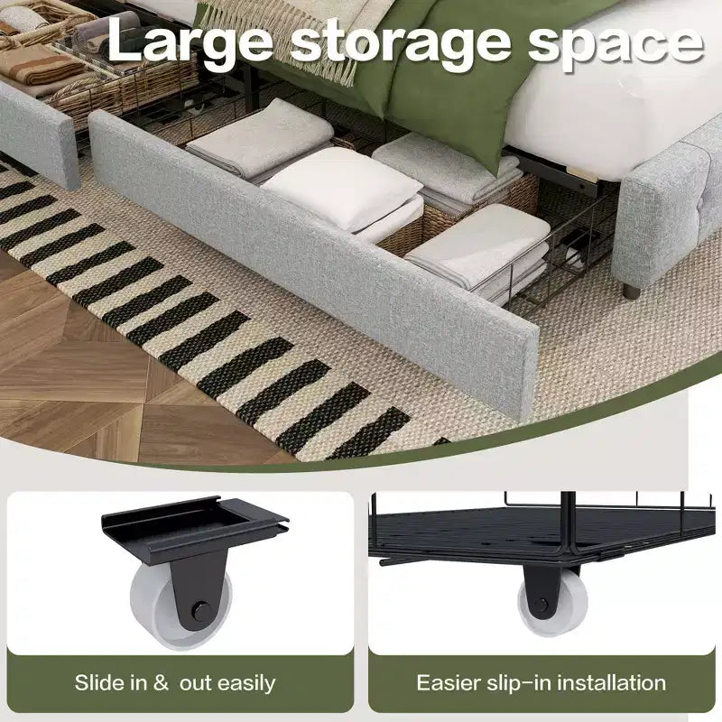 Queen Storage Bed Frame with 4 Drawers & Headboard, Upholstered Platform Bed