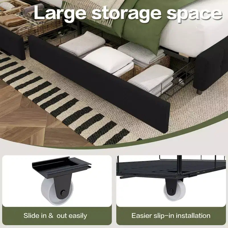 Queen Storage Bed Frame with 4 Drawers & Headboard, Upholstered Platform Bed